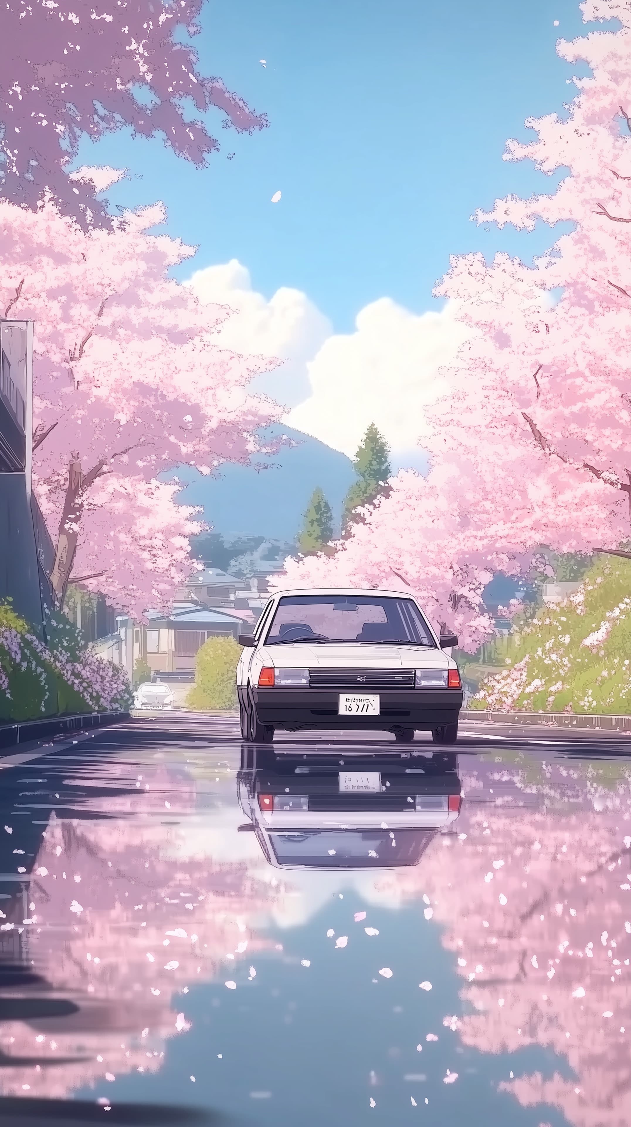 Pastel Cherry Blossom Street Scene with Reflective Puddle - High Resolution anime-style Wallpaper for Mobile and Desktop