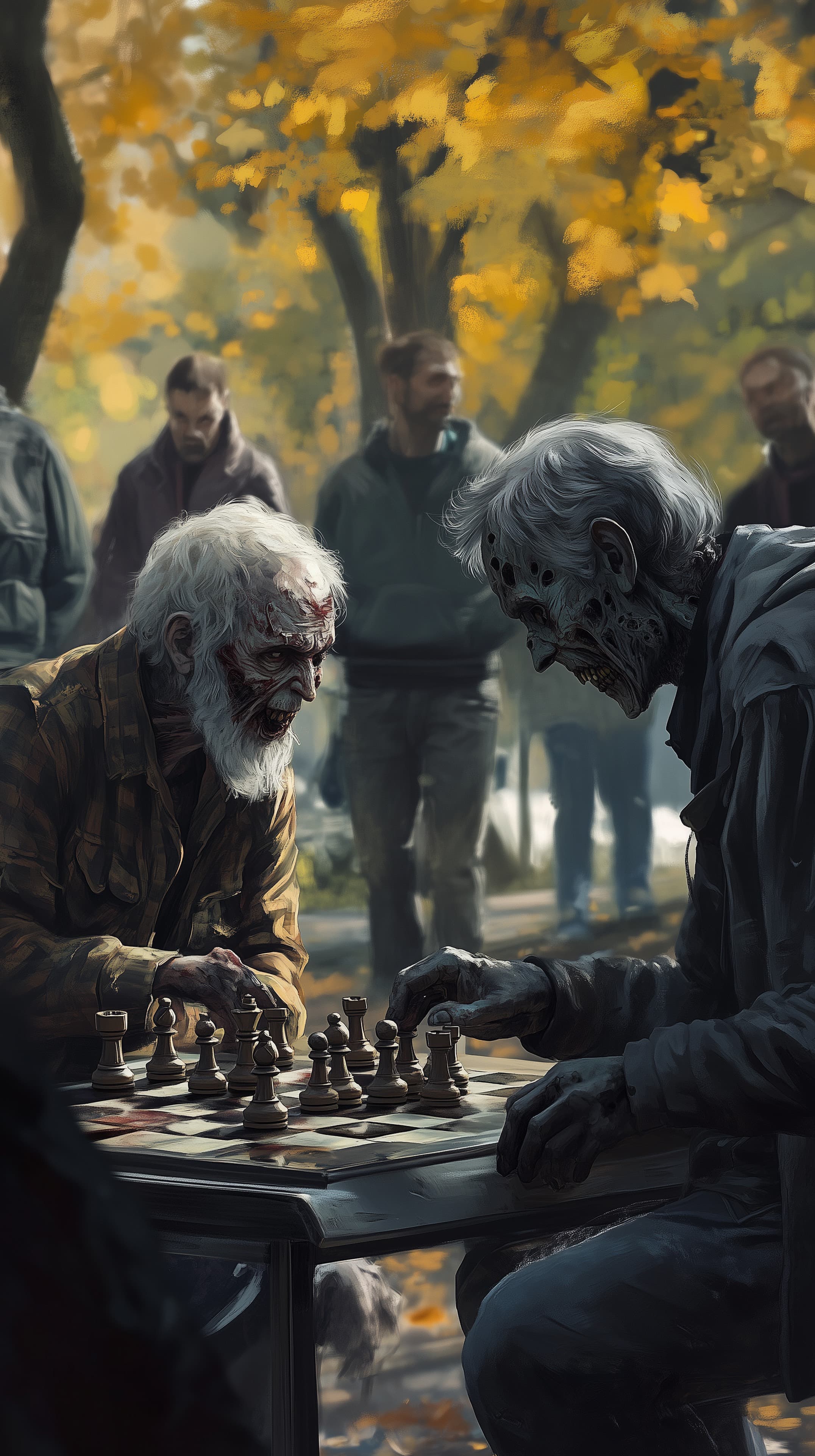 Autumn Forest Chess Duel: Two Zombies in a Park Scene - High Resolution autumn Wallpaper for Mobile and Desktop