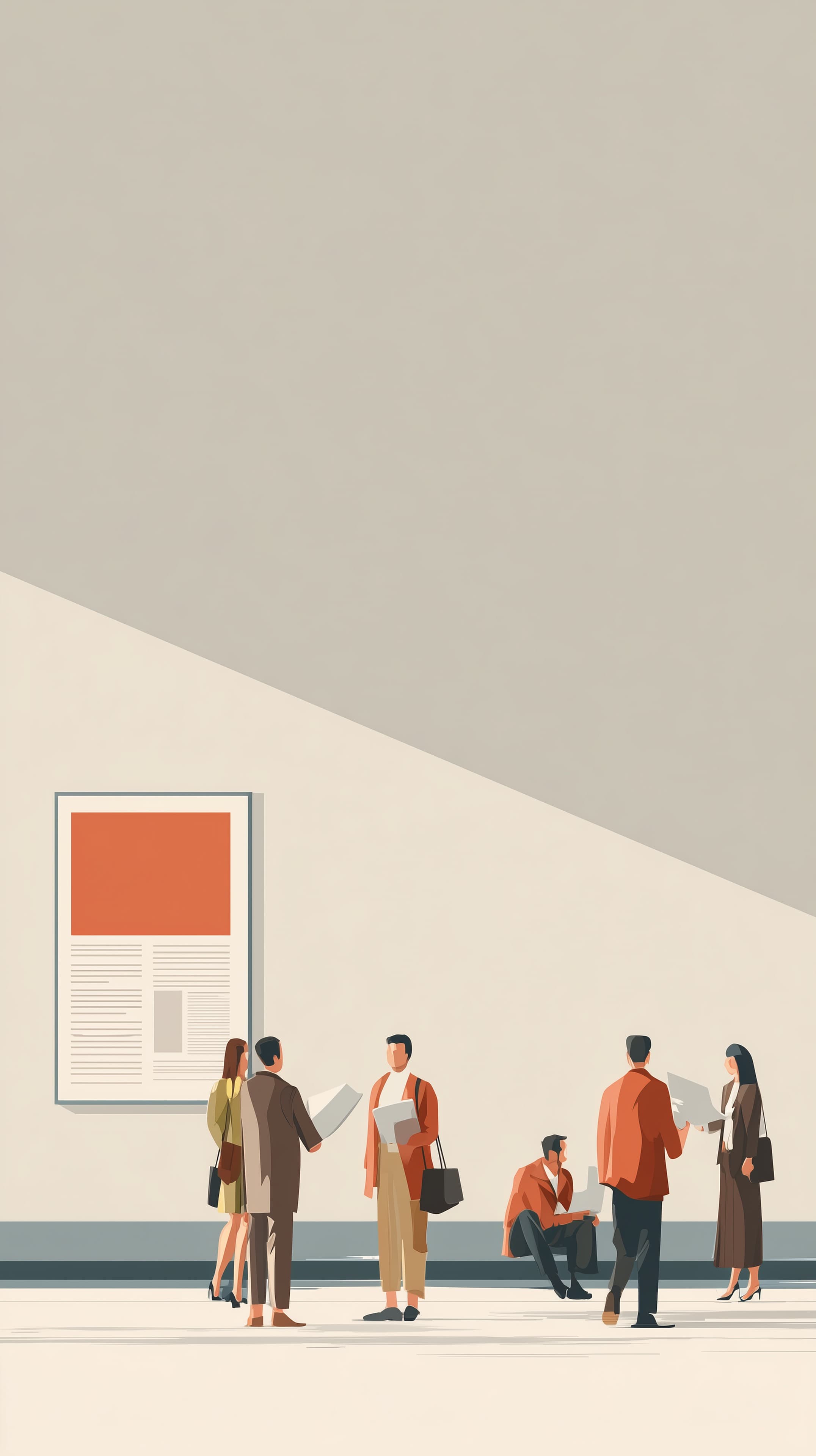 Minimalist Gallery Scene With People Reading Posters - High Resolution business-casual Wallpaper for Mobile and Desktop