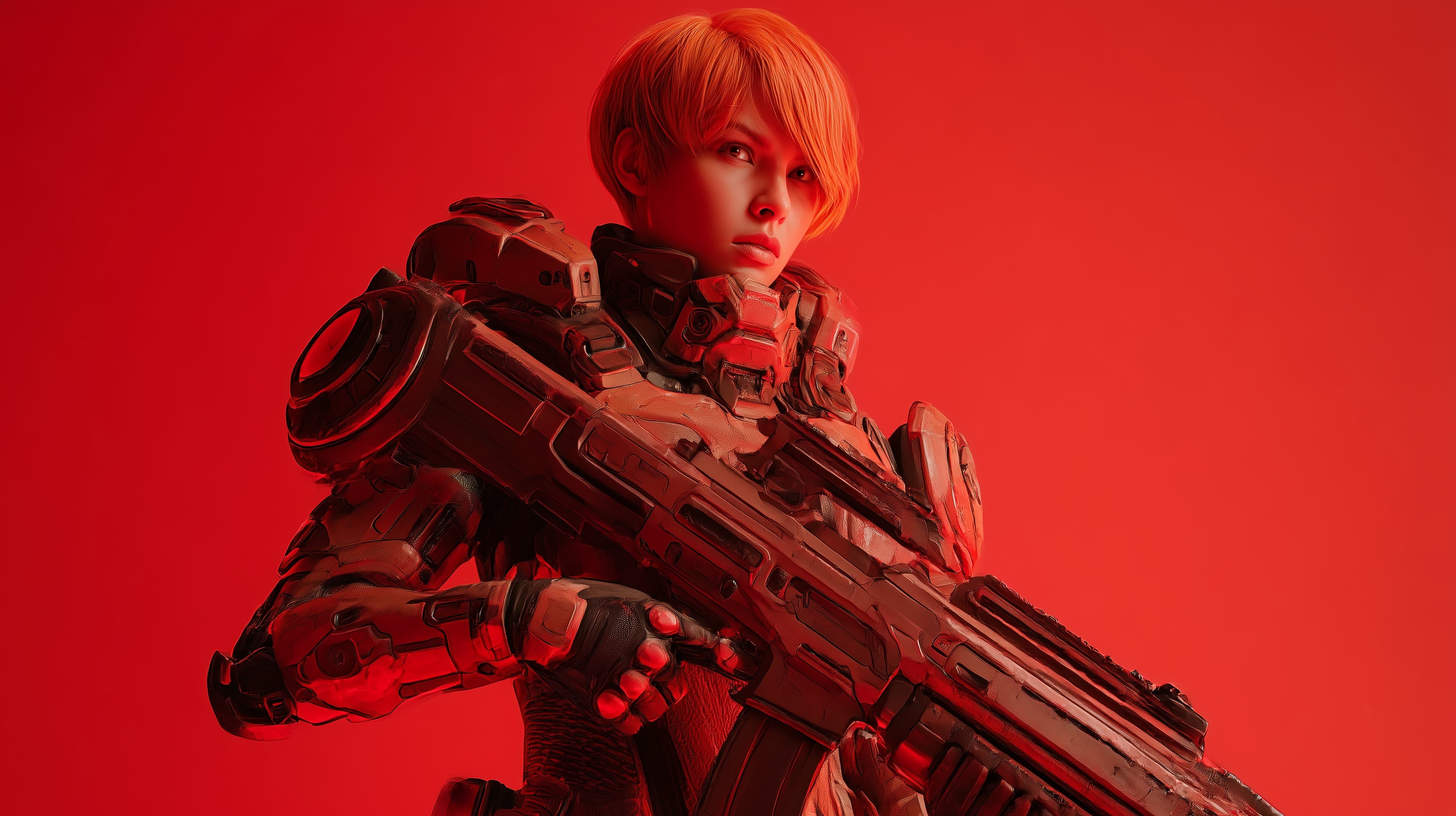 Red Neon Armor Warrior with a Heavy Rifle - Sci-Fi Wallpaper - High Resolution armor Wallpaper for Mobile and Desktop