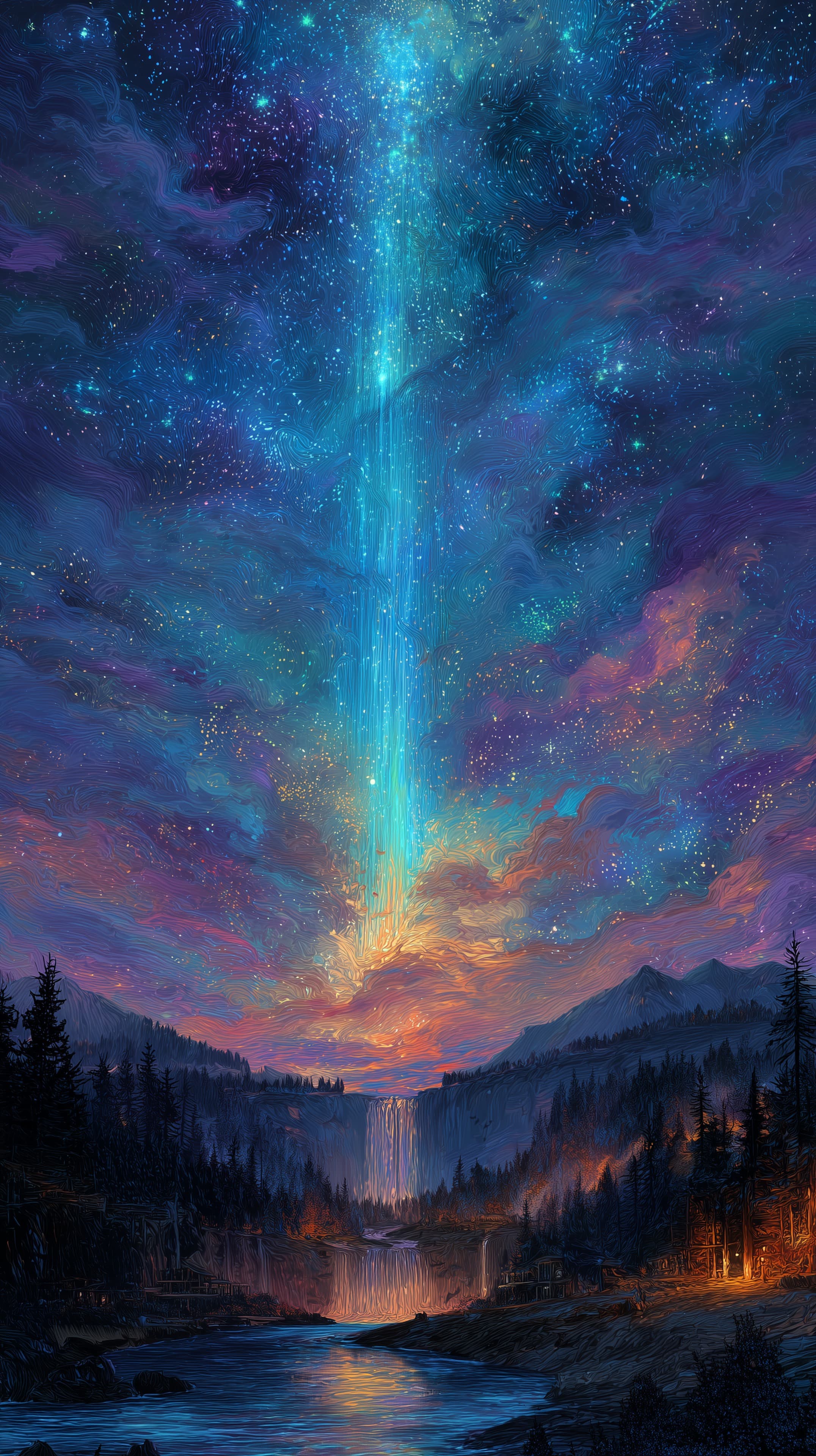 Celestial Beam over Twilight Valley - Fantasy Night Sky - High Resolution aurora-clouds Wallpaper for Mobile and Desktop