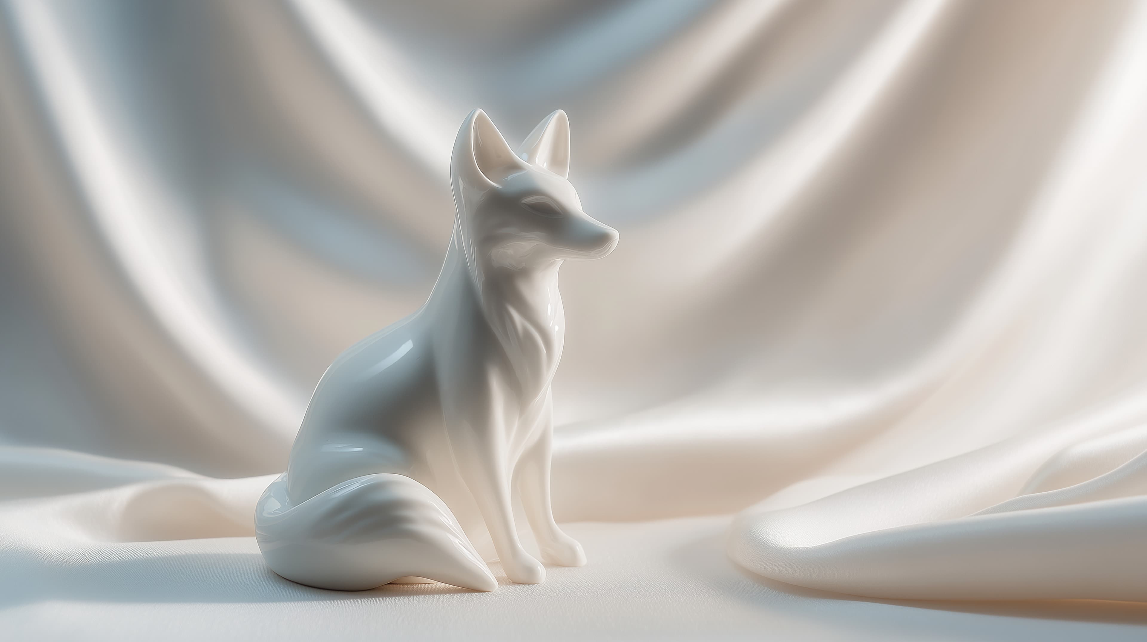 Serene Porcelain Fox Figurine on Soft Fabric Backdrop - High Resolution porcelain Wallpaper for Mobile and Desktop