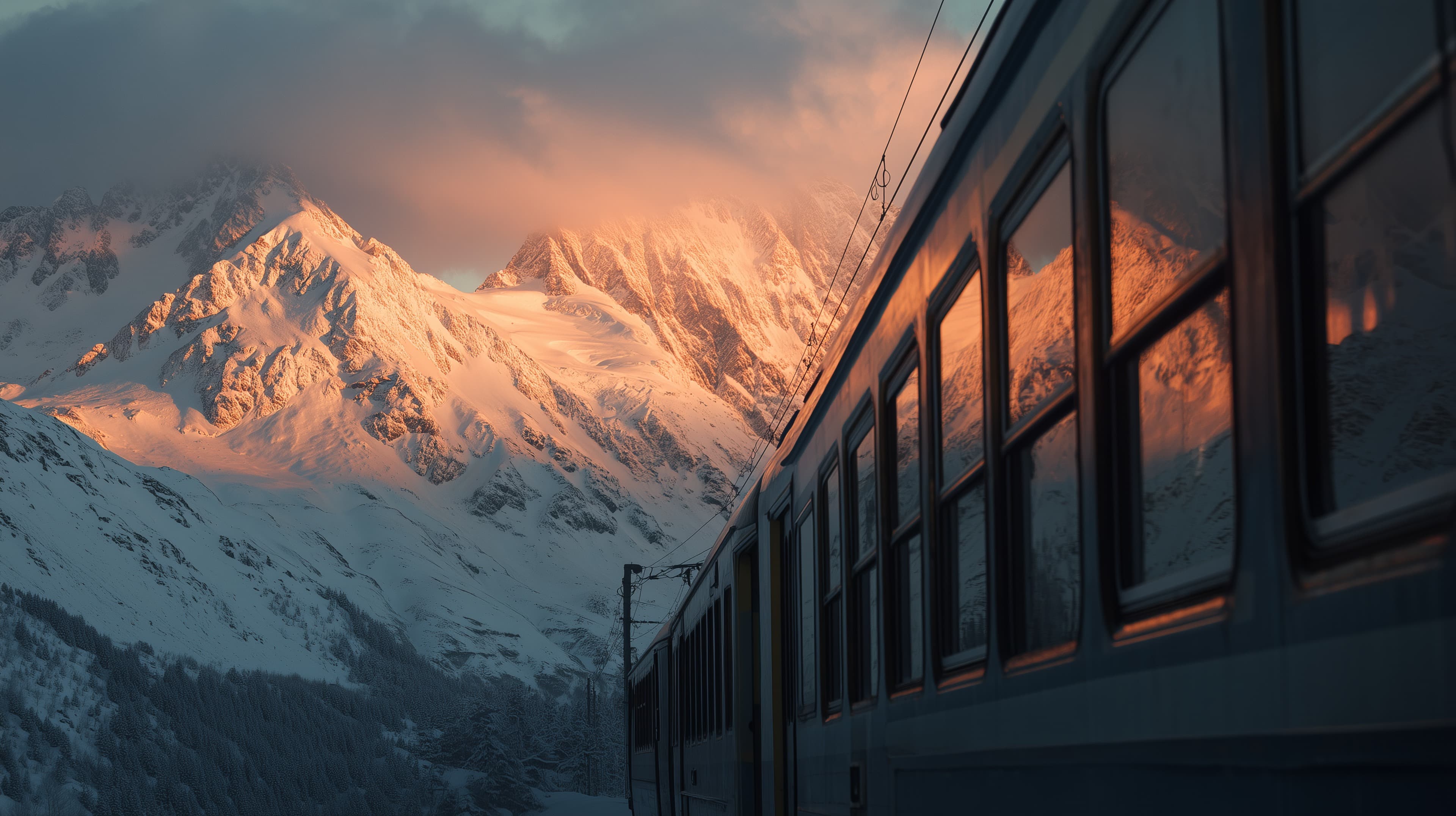 Alpine Sunset Train Gliding Past Snowy Peaks - Wallpaper - High Resolution alpine Wallpaper for Mobile and Desktop