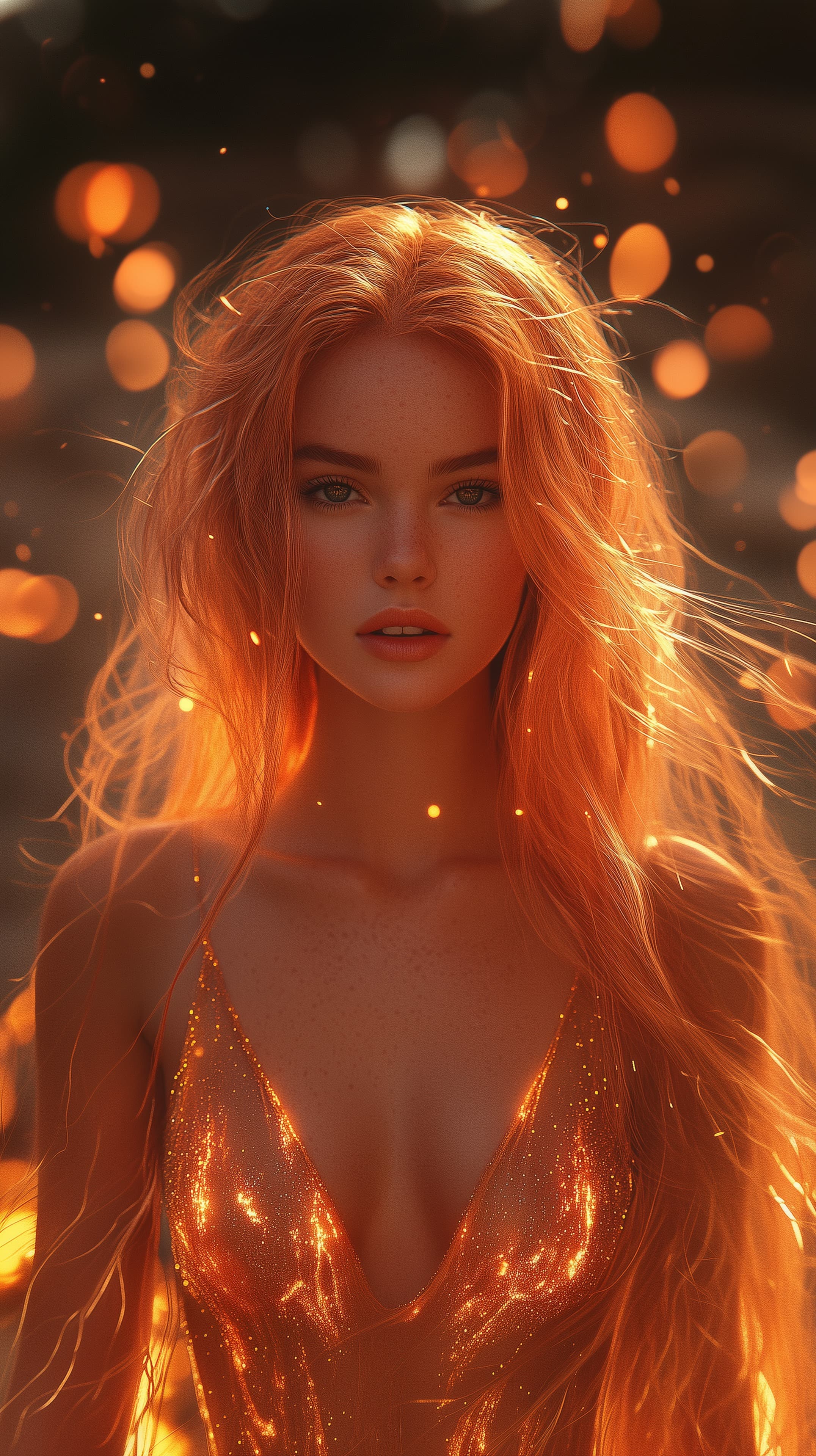Glowing Orange Hair Portrait with Metallic Gold Dress - High Resolution bokeh Wallpaper for Mobile and Desktop