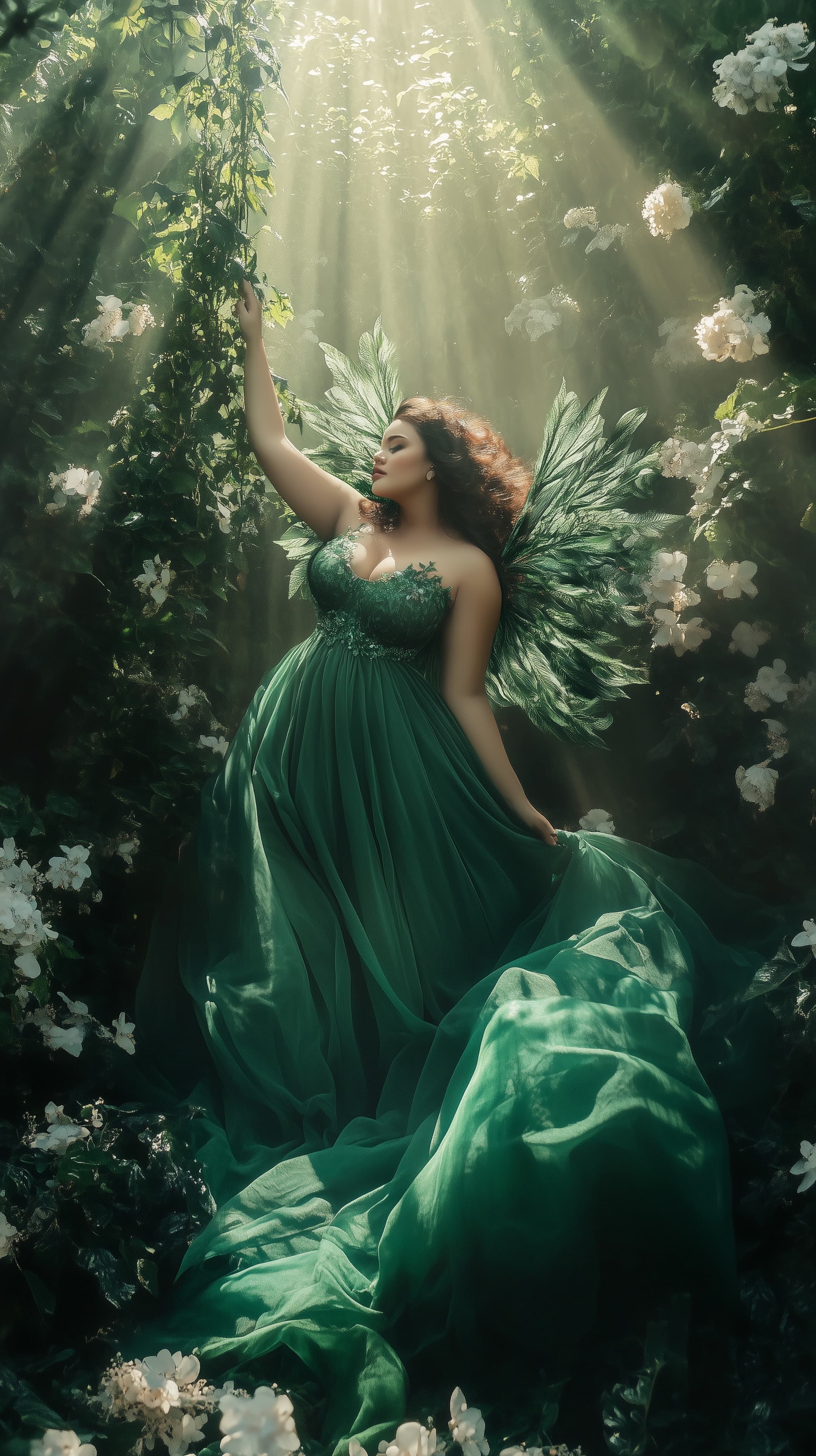 Emerald Fairy in Sunlit Garden - Ethereal Fantasy Wallpaper - High Resolution emerald Wallpaper for Mobile and Desktop