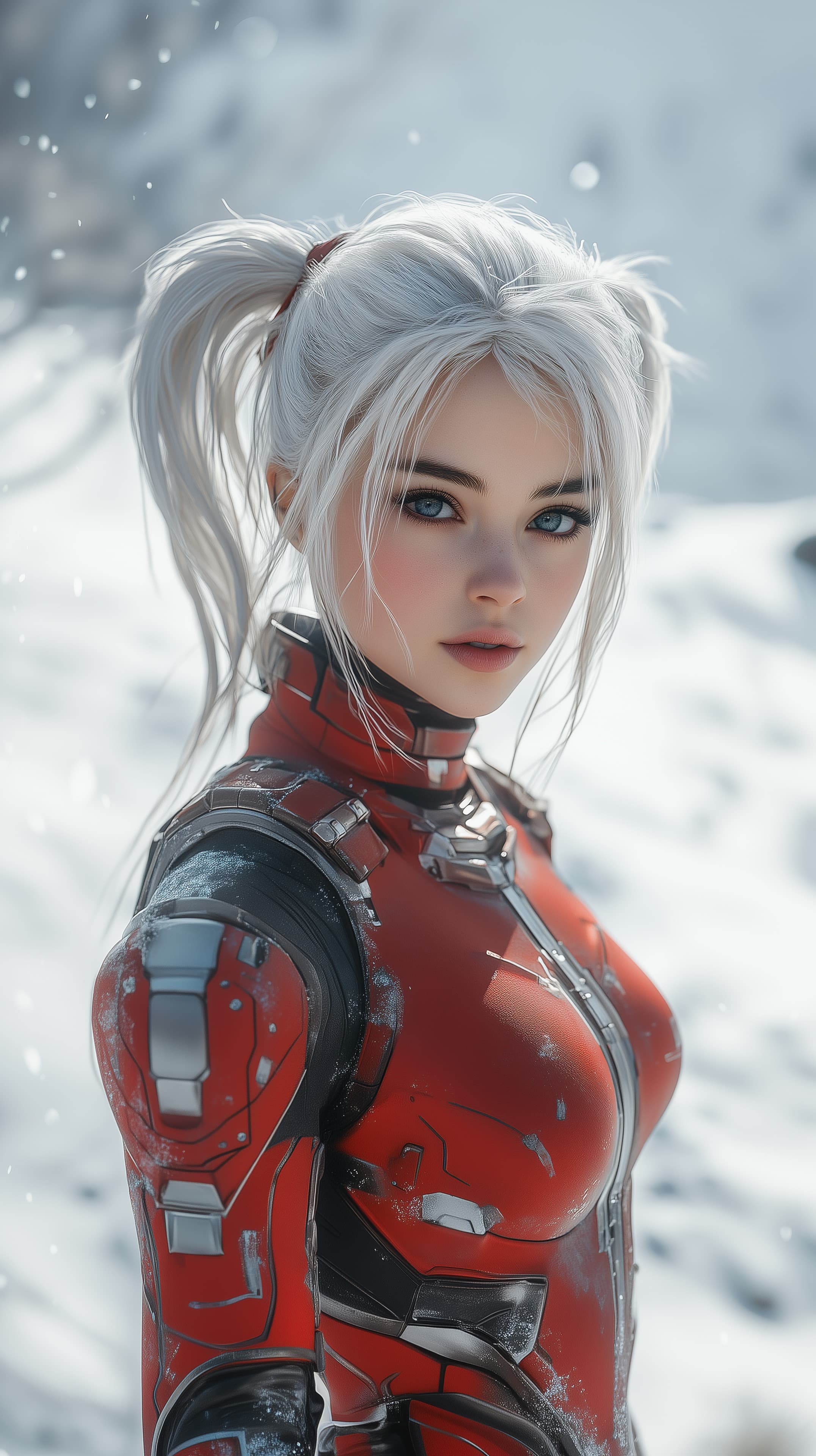 Snowbound Cyborg Knight in Red Armor Digital Portrait - High Resolution 3d-render Wallpaper for Mobile and Desktop
