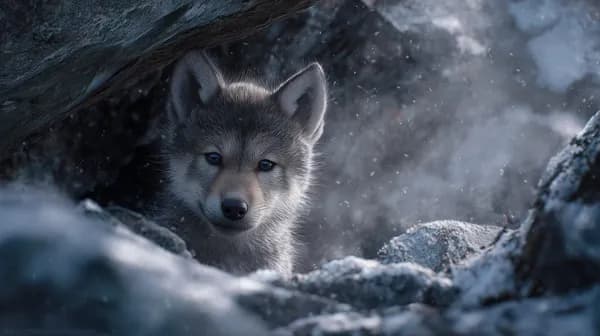 Winter Wolf Pup Hidden in a Frosty Cave, Moody Portrait in Blue Tones - HD Wallpaper, 4k Background Image
