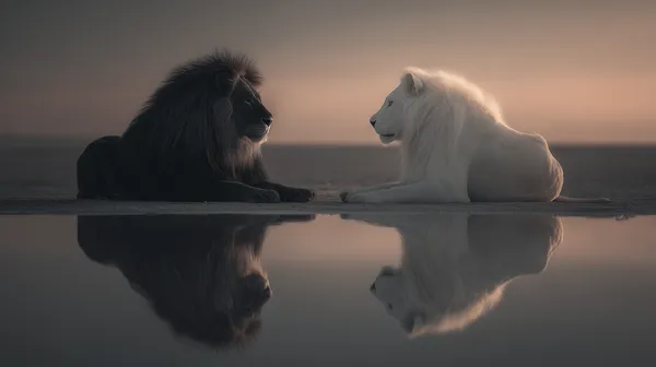 Mystic Lions at Sunset: Dual Portrait on a Reflective Shore - HD Wallpaper, 4k Background Image
